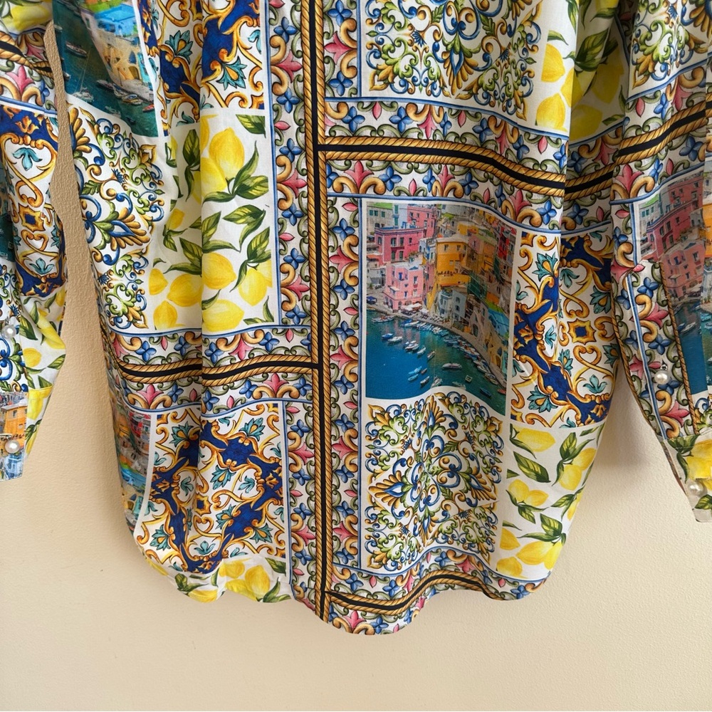 NWT Terez Amalfi Coast Patchwork Print Long Sleeve Blouse Yellow Blue Multi MED - Picture 12 of 16